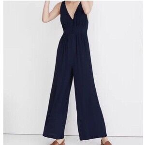 Madewell V-Back Wide Leg Jumpsuit 12 Navy Blue V-neck Sleeveless L8357